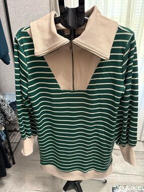 Striped Green & Cream Zip Collar Pullover by Entro